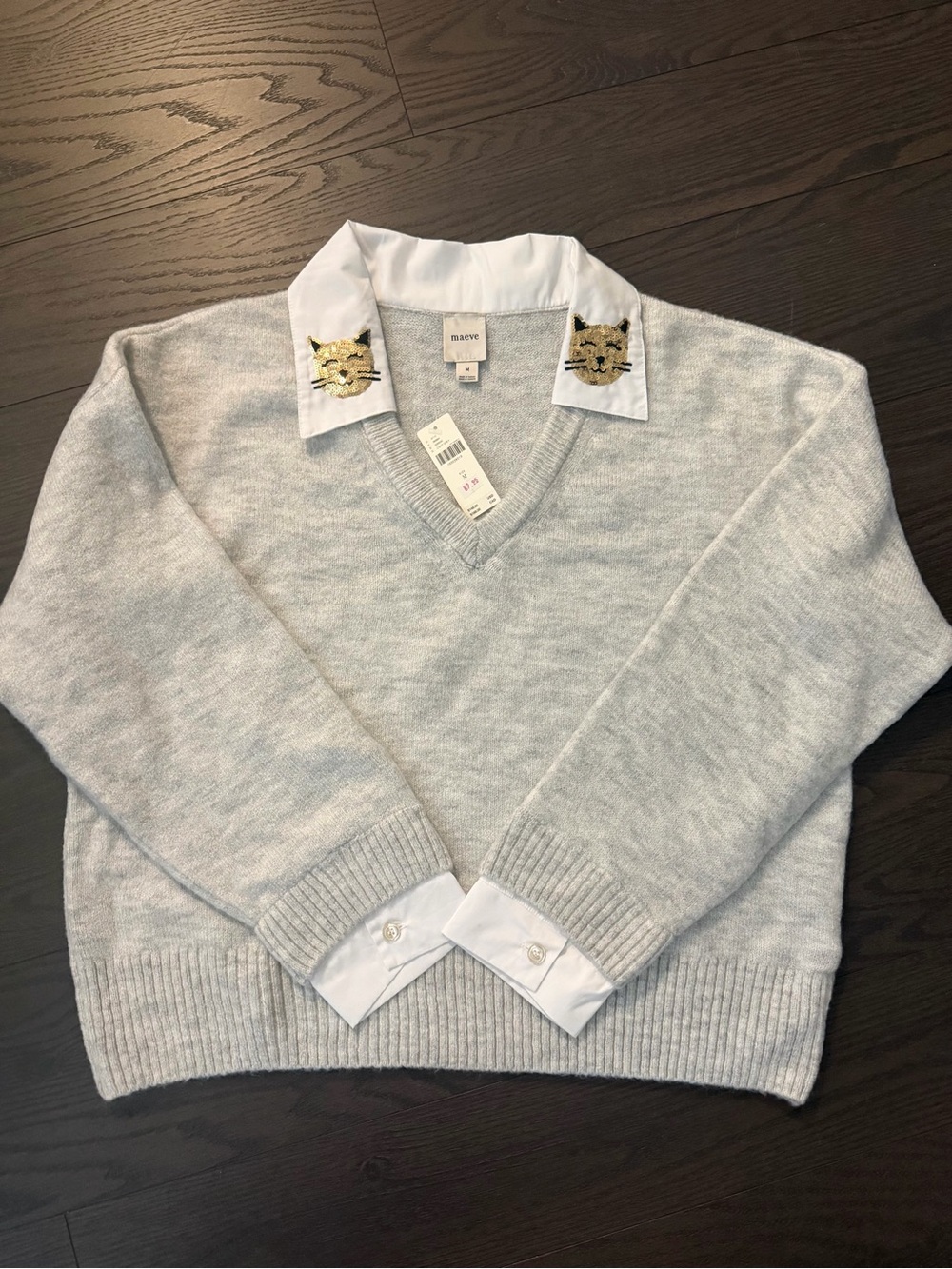 Maeve/ Anthropologie Light Gray V-Neck Sweater with Cat Decorative Collar